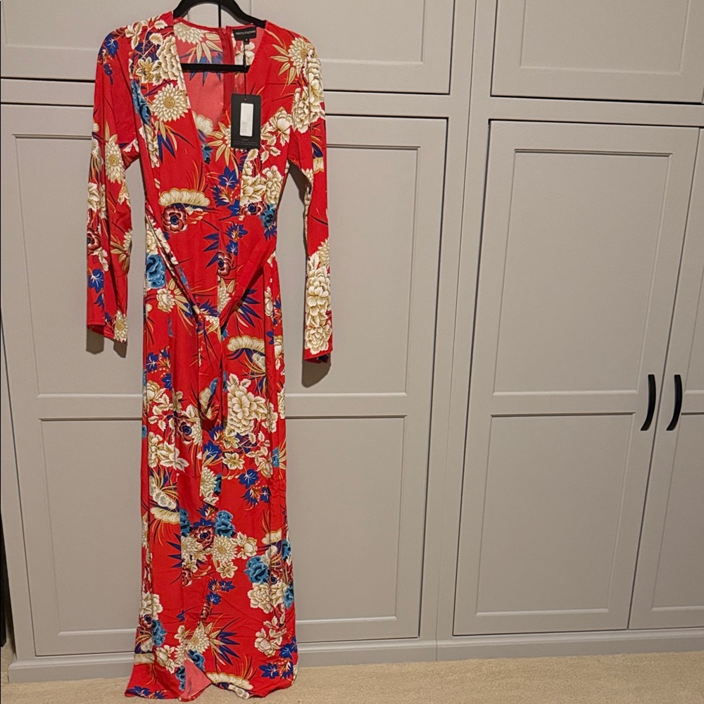 PrettyLittleThing Red Floral Long Sleeve Dress